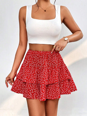 Solid Tank Top & Ditsy Floral Print Two Layer Hem Skirt