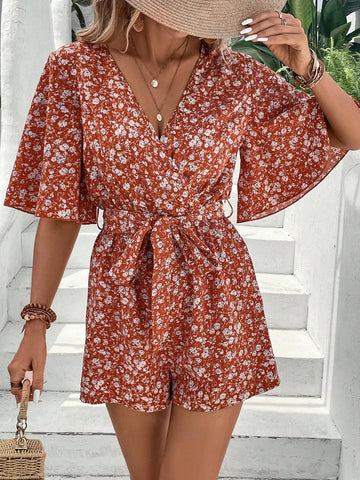 EMERY ROSE Ditsy Floral Print Butterfly Sleeve Belted Romper