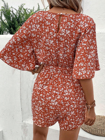 EMERY ROSE Ditsy Floral Print Butterfly Sleeve Belted Romper