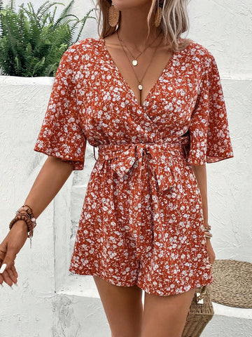 EMERY ROSE Ditsy Floral Print Butterfly Sleeve Belted Romper