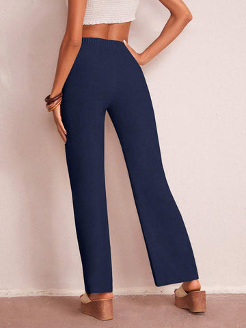 EMERY ROSE Solid Elastic Waist Wide Leg Pants
