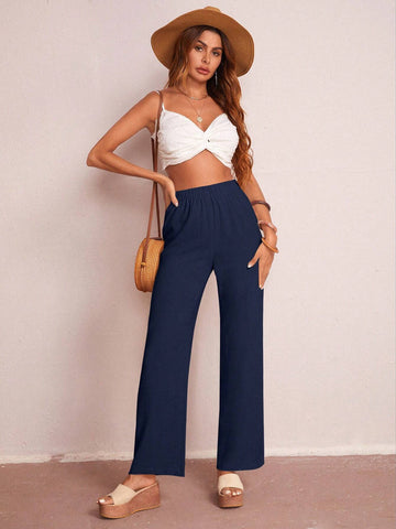 EMERY ROSE Solid Elastic Waist Wide Leg Pants