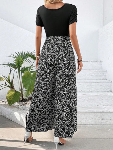 Ditsy Floral Print Ruched Sleeve Belted Wide Leg Jumpsuit