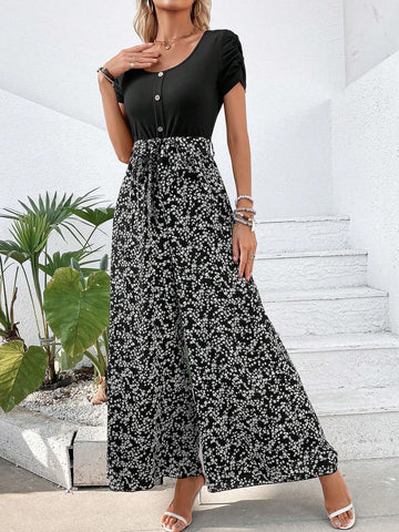 Ditsy Floral Print Ruched Sleeve Belted Wide Leg Jumpsuit