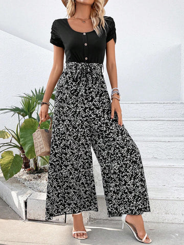 Ditsy Floral Print Ruched Sleeve Belted Wide Leg Jumpsuit