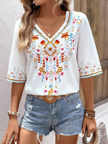 Floral Print V Neck Blouse