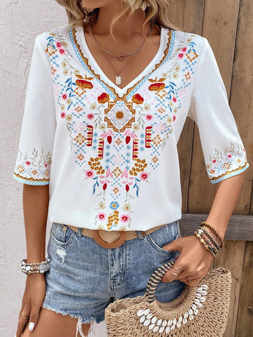 Floral Print V Neck Blouse