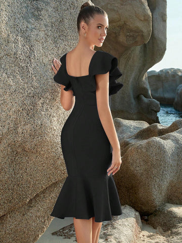 ADYCE Square Neck Ruffle Trim Bandage Dress