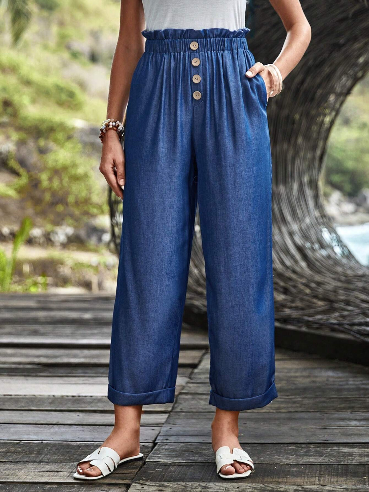 EMERY ROSE Paperbag Waist Button Front Wide Leg Pants