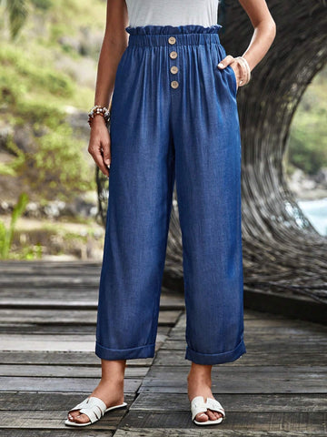EMERY ROSE Paperbag Waist Button Front Wide Leg Pants