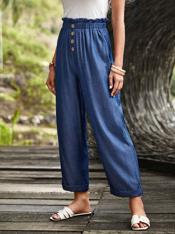 EMERY ROSE Paperbag Waist Button Front Wide Leg Pants
