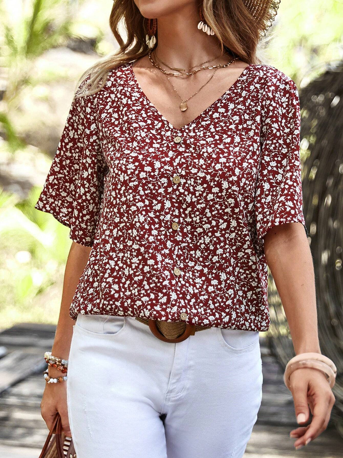 Ditsy Floral Print Button Front Blouse