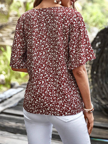 Ditsy Floral Print Button Front Blouse
