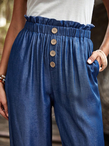 EMERY ROSE Paperbag Waist Button Front Wide Leg Pants
