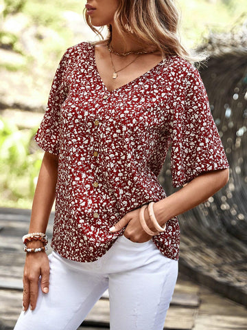 Ditsy Floral Print Button Front Blouse