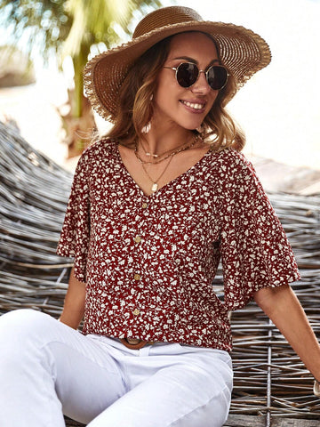 Ditsy Floral Print Button Front Blouse