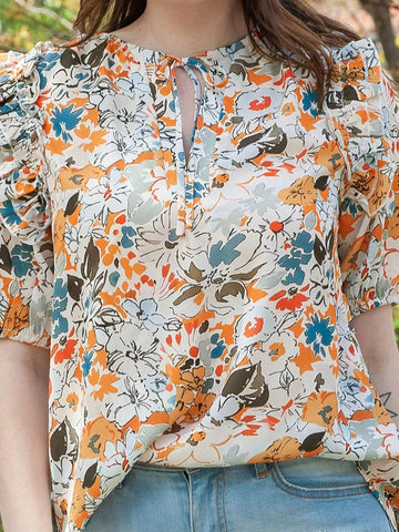 Floral Print Tie Neck Ruffle Trim Blouse