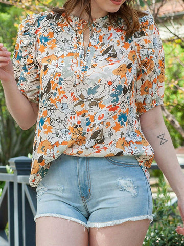 Floral Print Tie Neck Ruffle Trim Blouse
