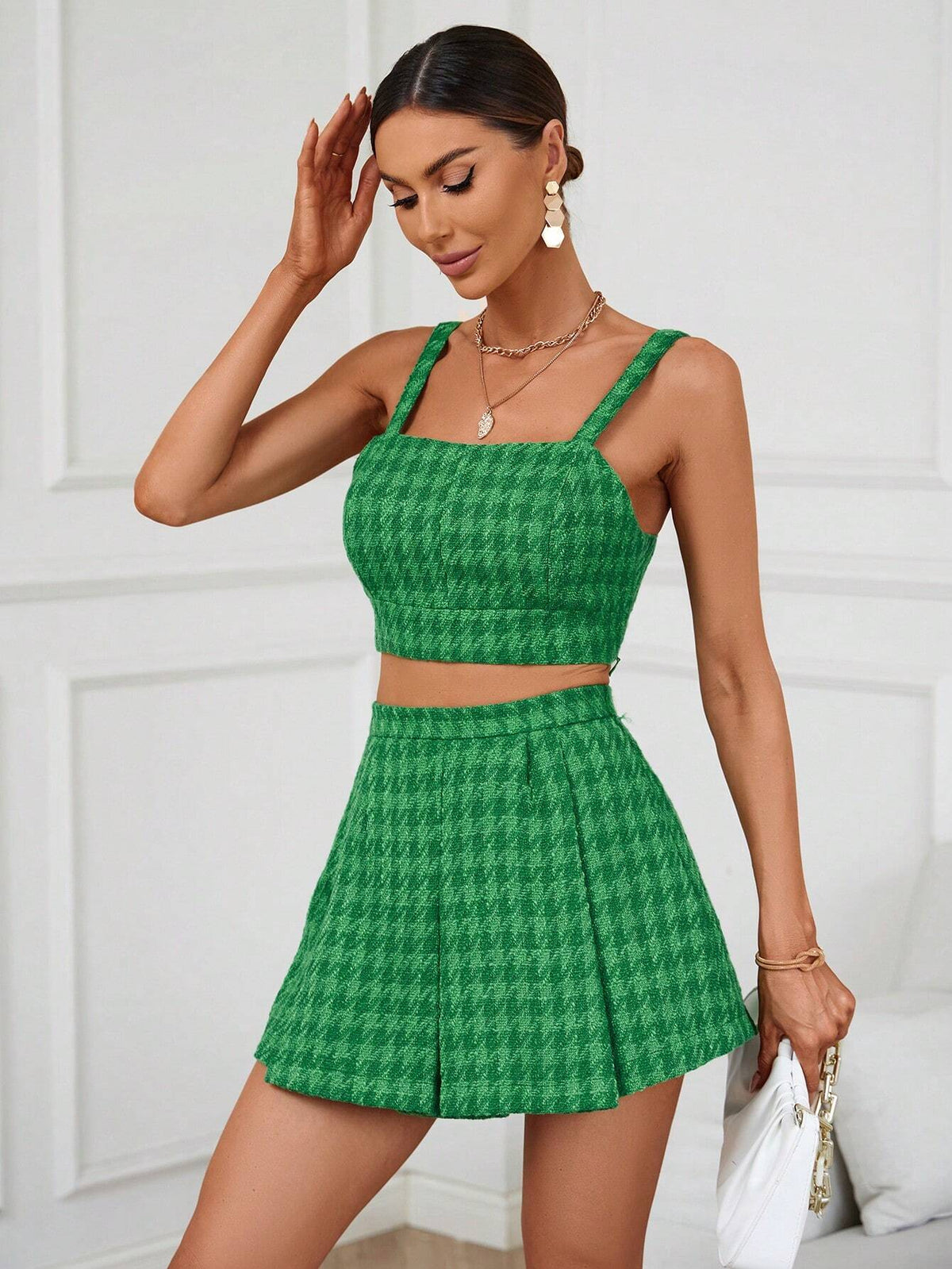 Houndstooth Cami Top & Fold Pleated Skirt