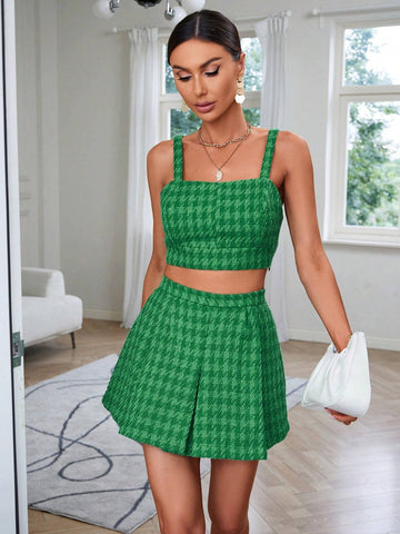 Houndstooth Cami Top & Fold Pleated Skirt