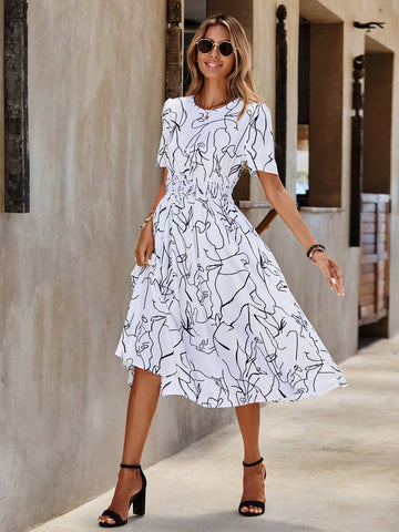 EMERY ROSE Allover Print Belted Dress