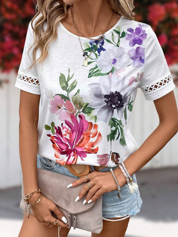EMERY ROSE Floral Print Contrast Lace Tee