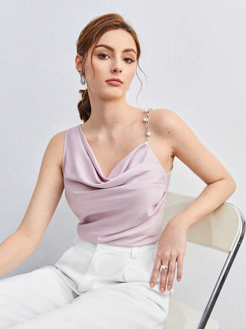 Asymmetrical Neck Pearls Beaded Strap Draped Front Top