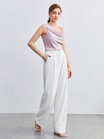 Asymmetrical Neck Pearls Beaded Strap Draped Front Top