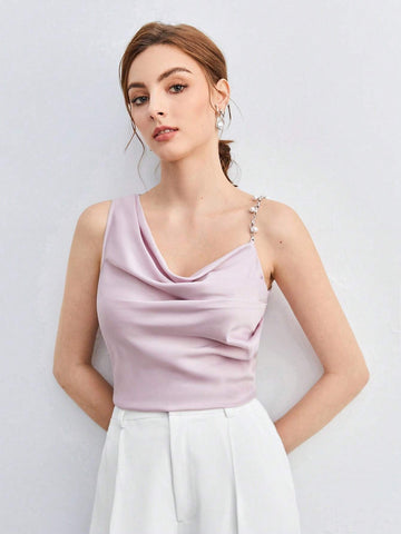 Asymmetrical Neck Pearls Beaded Strap Draped Front Top