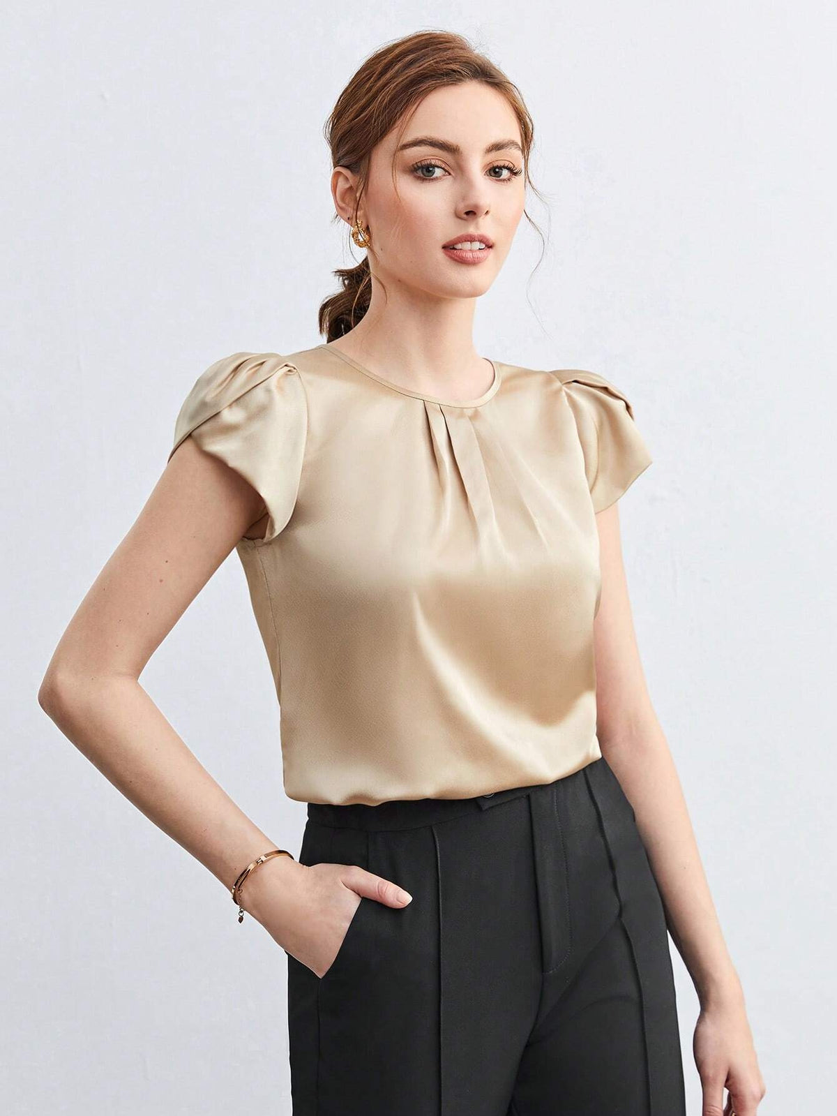 Solid Petal Sleeve Satin Blouse