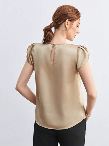 Solid Petal Sleeve Satin Blouse