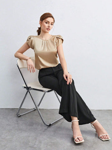 Solid Petal Sleeve Satin Blouse