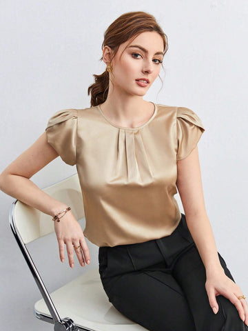 Solid Petal Sleeve Satin Blouse