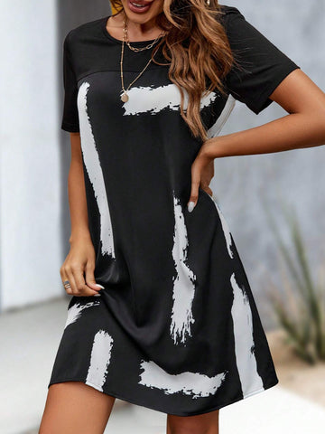 EMERY ROSE Brush Print Round Neck Dress