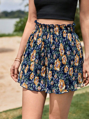Frenchy Floral Print Paperbag Waist Shorts