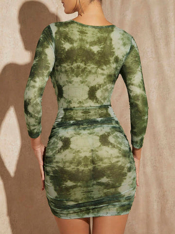 Tie Dye Ruched Tulip Hem Bodycon Dress