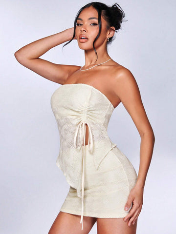 Drawstring Side Asymmetrical Hem Tube Top & Bodycon Skirt