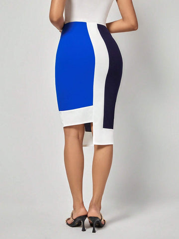 EMERY ROSE Color Block Asymmetrical Hem Skirt
