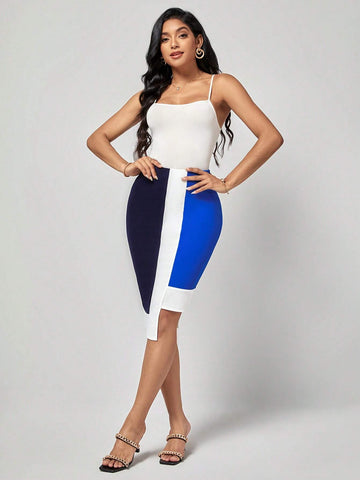 EMERY ROSE Color Block Asymmetrical Hem Skirt