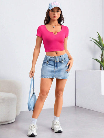 EZwear Notched Neck Crop Tee