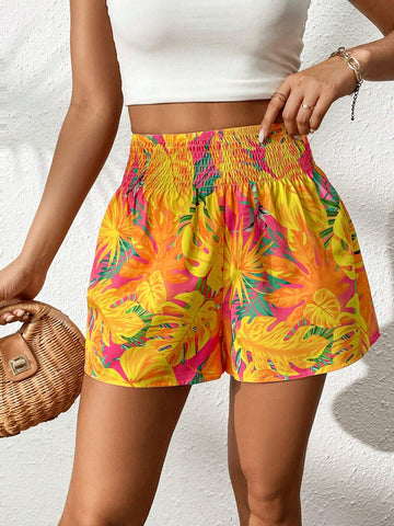 VCAY Tropical Print Shirred Waist Shorts