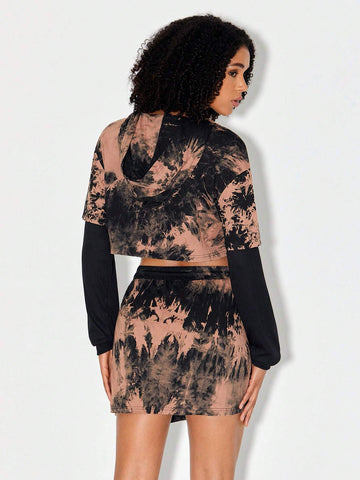 Tie Dye Drop Shoulder 2 In 1 Crop Tee & Split Hem Skirt