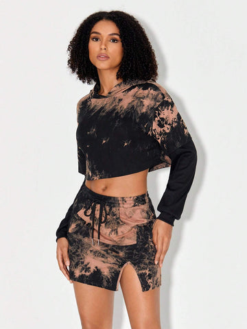 Tie Dye Drop Shoulder 2 In 1 Crop Tee & Split Hem Skirt