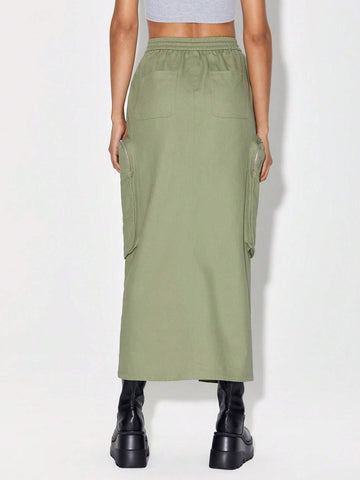 Drawstring Waist Zipper Pocket Split Hem Skirt