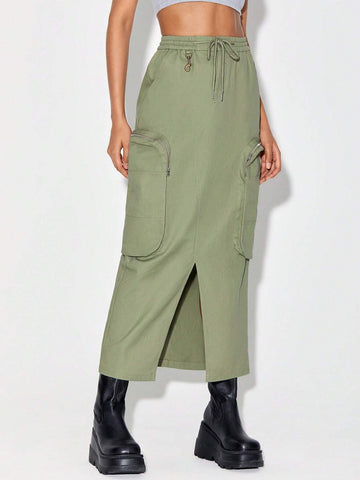 Drawstring Waist Zipper Pocket Split Hem Skirt