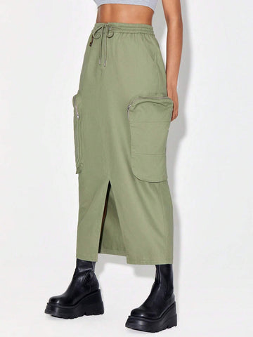 Drawstring Waist Zipper Pocket Split Hem Skirt