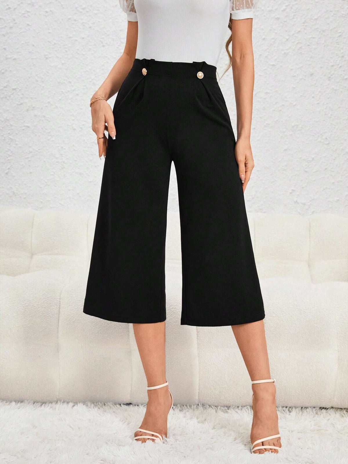 Unity High Waist Button Detail Wide Leg Pants