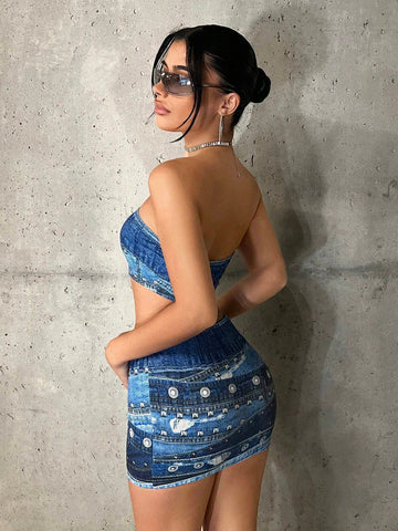 Allover Print Tube Top & Bodycon Skirt