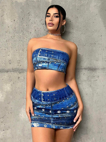 Allover Print Tube Top & Bodycon Skirt