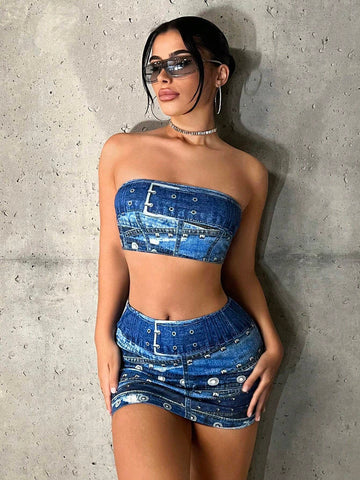 Allover Print Tube Top & Bodycon Skirt